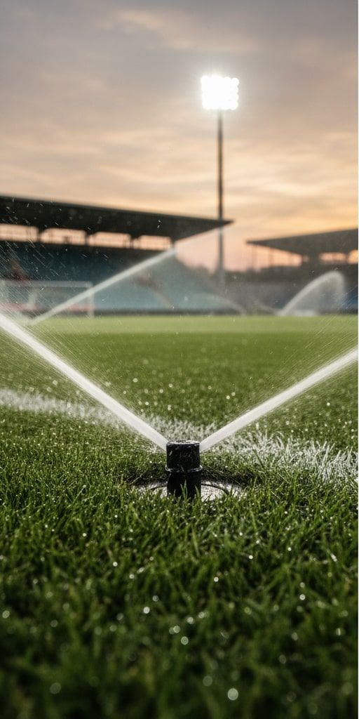 Versenkregner-Installation-Sportplatz Detailaufnahme eines bündig versenkten Getrieberegners auf einem Sportrasen für maximale Spielersicherheit und effiziente Bewässerung.