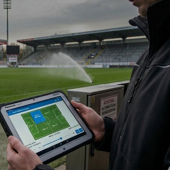 sportplatzberegnung-handysteuerung Eine Sportplatzberegnungsanlage wird per Tablet gesteuert