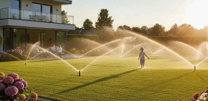 Bewässerter Garten mit gleichmäßiger Wasserverteilung während des Betriebs der Bewässerungsanlage eine MP Rotator