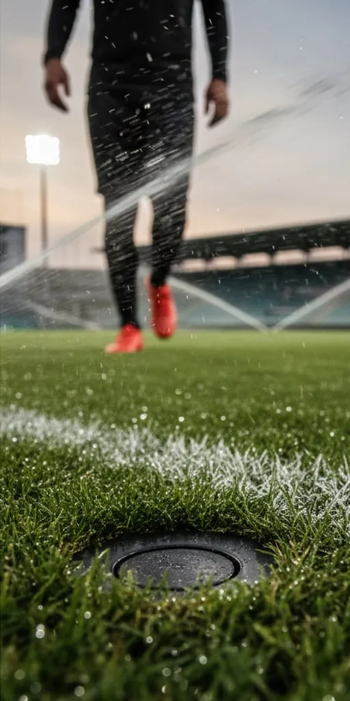 Professionelle Sportplatzbewässerung im Einsatz auf einem grünen Fußballfeld zur gleichmäßigen Wasserverteilung und Rasenpflege
