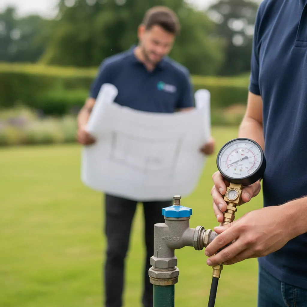 Fachgerechte Bedarfsanalyse und Messung des Fließdrucks mit einem Manometer zur hydraulischen Planung von Bewässerungsanlagen