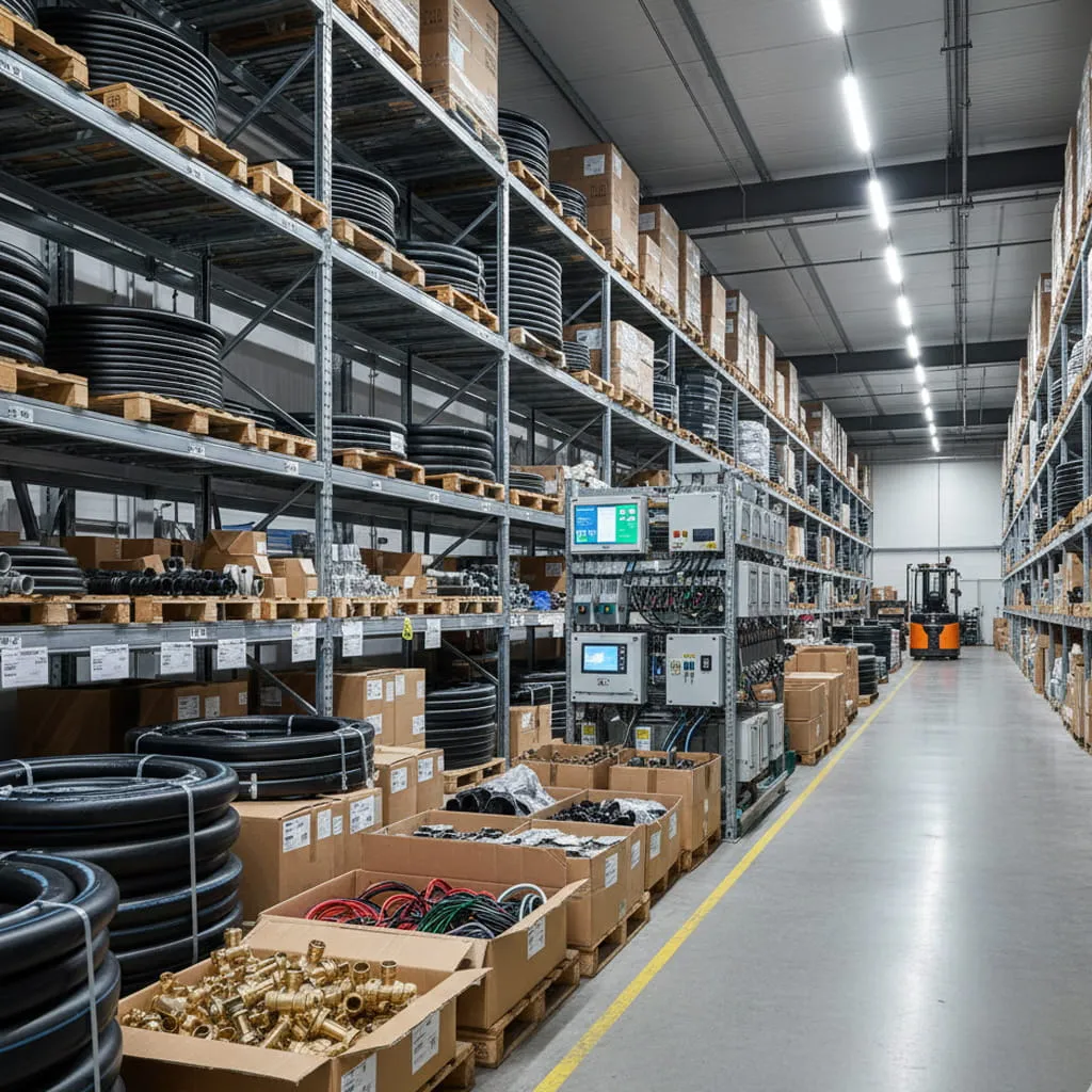 Gut sortiertes Lager mit hochwertigen PE-Rohren und technischen Komponenten für die Konzeption robuster Leitungsnetze in Großanlagen