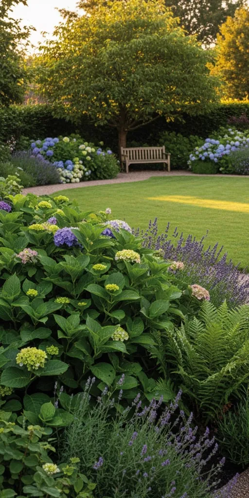 Ein prachtvoller Privatgarten mit sattem grünem Rasen und blühenden Pflanzen, der durch eine automatische Bewässerungsanlage optimal versorgt wird