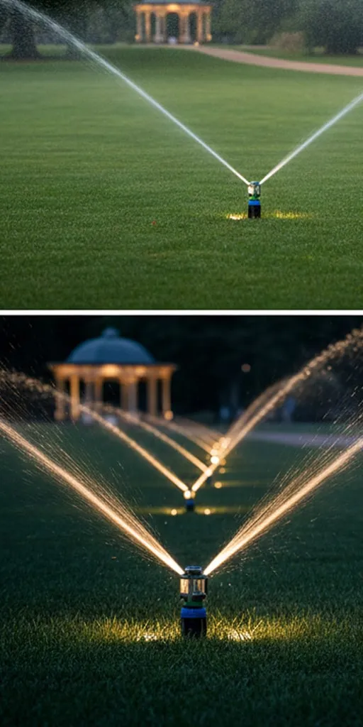 Nahaufnahme eines aktiven Versenkregners auf einer weitläufigen Rasenfläche in einem Park mit einem historischen Pavillon im Hintergrund
