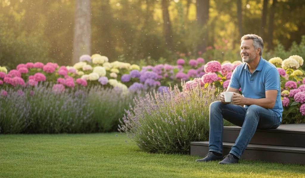 Gepflegter Privatgarten mit gleichmäßiger Gartenbewässerung und blühenden Pflanzflächen
