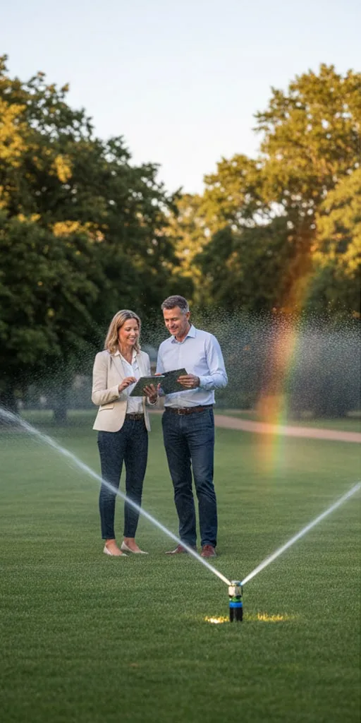 Zwei Fachplaner begutachten technische Unterlagen in einer Parkanlage, während im Hintergrund ein im Rasen versenkter Getrieberegner die Grünfläche bewässert