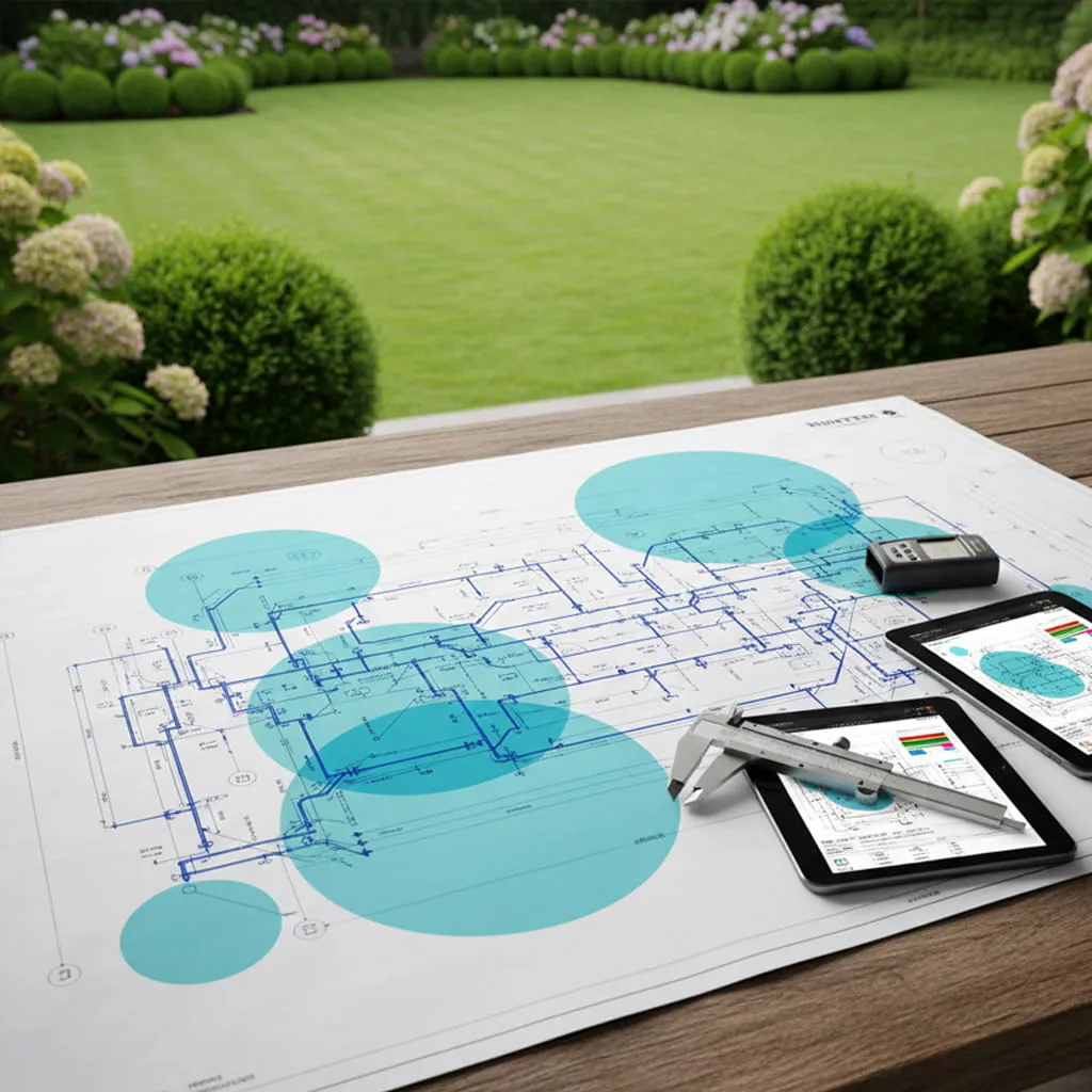 Detaillierte Planungsskizze für ein Regner-Layout mit markierten Bewässerungsradien zur Sicherstellung einer lückenlosen Wasserverteilung