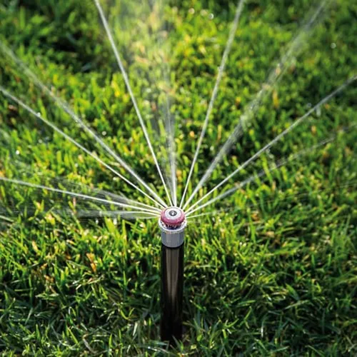 Detailaufnahme eines Regnerkopfes mit gleichmäßigem Sprühbild zur Vermeidung von Trockenzonen