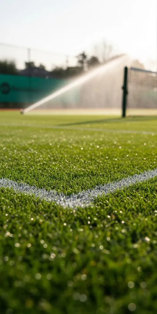 Beregnungsanlagen für Tennisplätze: Ein perfekt gepflegter Tennis-Rasenplatz während der automatischen Bewässerung zur Sicherung der Vitalität und Scherfestigkeit der Grasnarbe