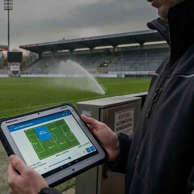 Eine Sportplatzberegnungsanlage wird per Tablet gesteuert